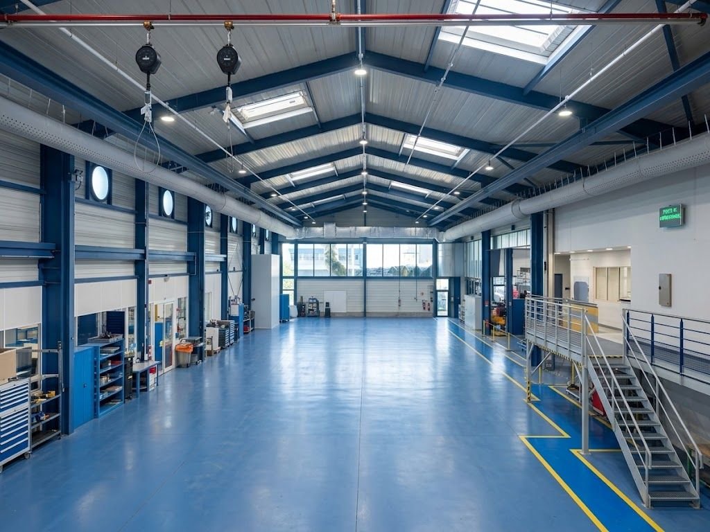 Grand atelier industriel équipé de gaines de ventilation